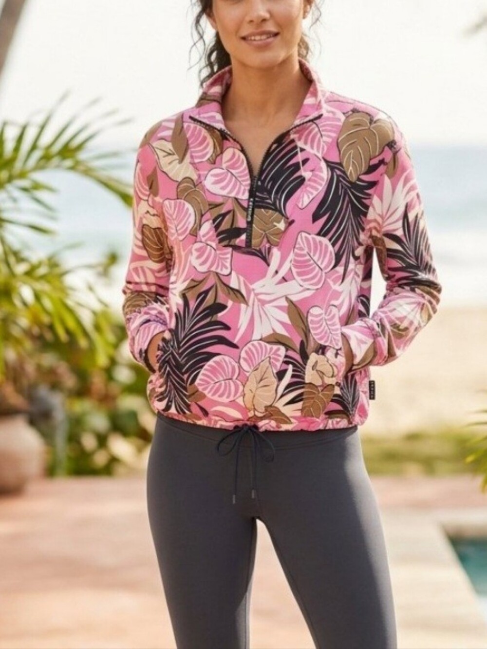 Talbots Women’s Pink Tropical Print Half-Zip Pullover